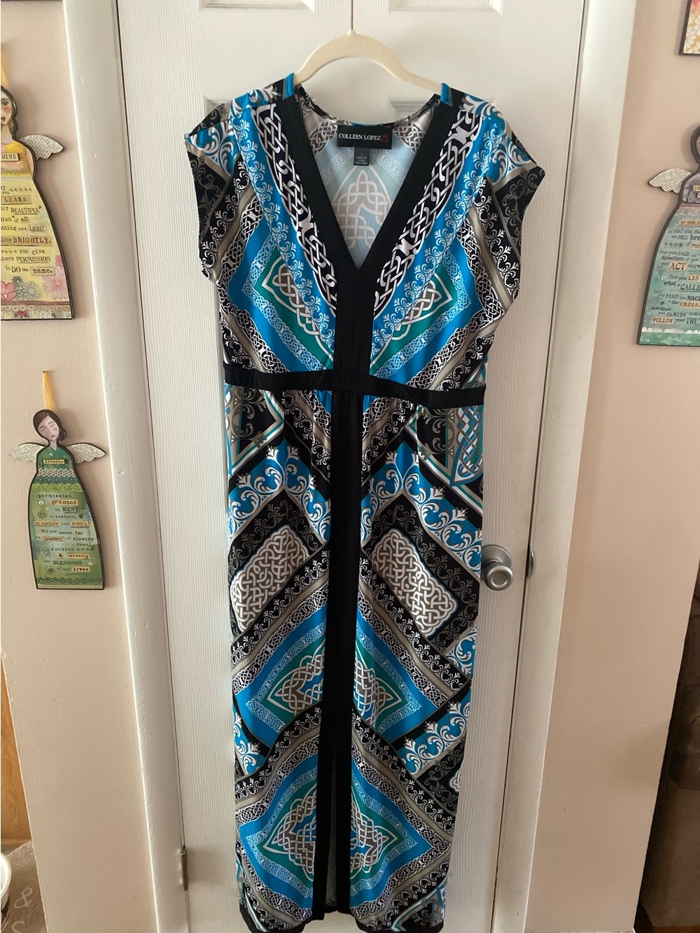 Colleen Lopez Teal, Blue & Black V-Neck Maxi Dress
